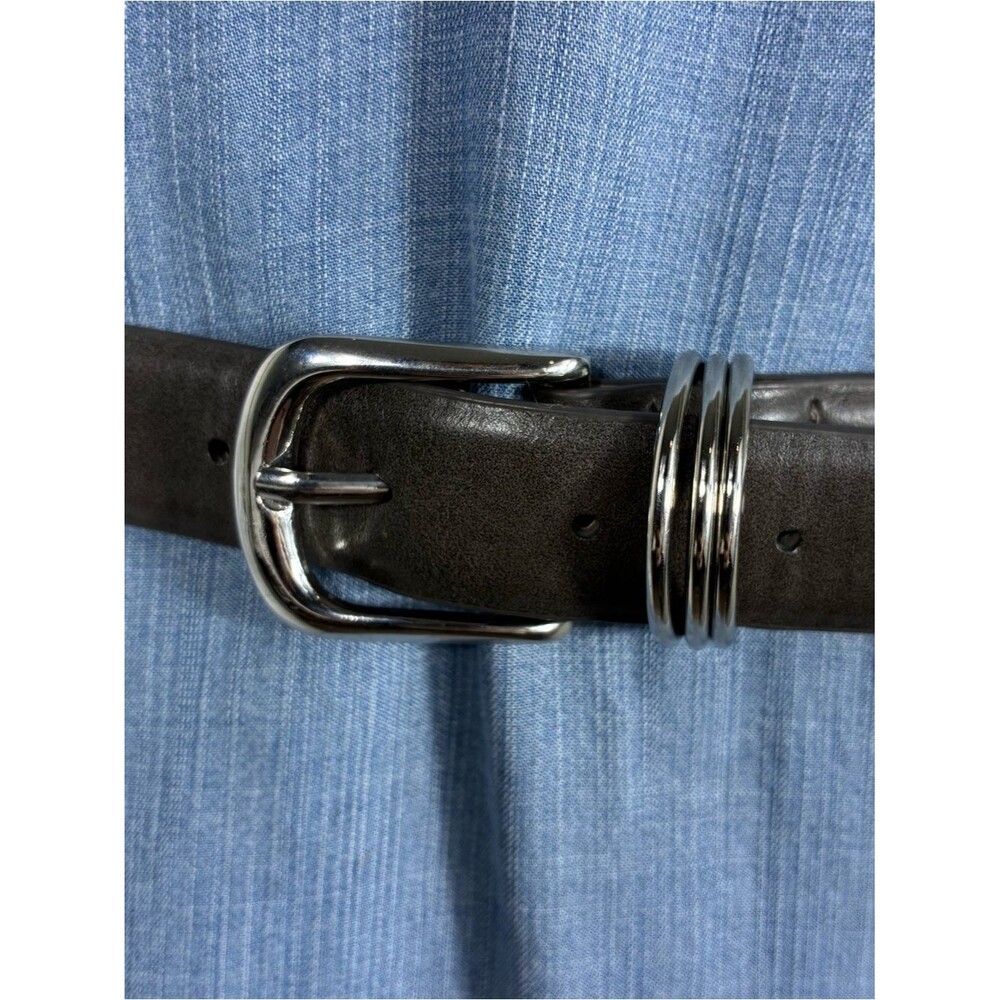 Womens belt Vince Camuto 40” long gray leather silver buckle plus triple ring